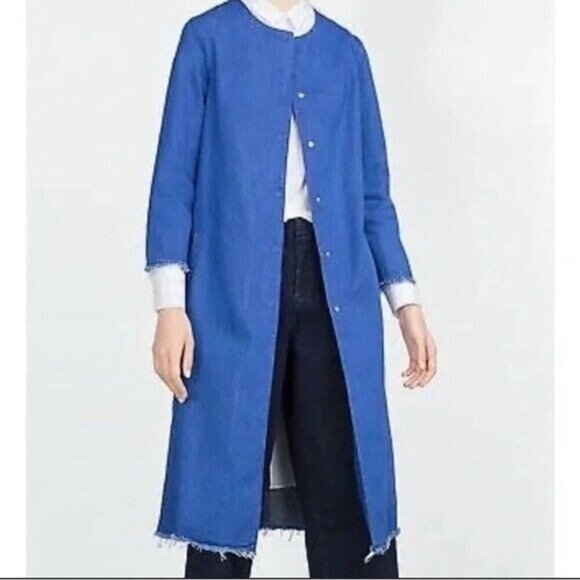 NWT Zara Blue Denim Long Collarless Coat Raw - Picture 2 of 4